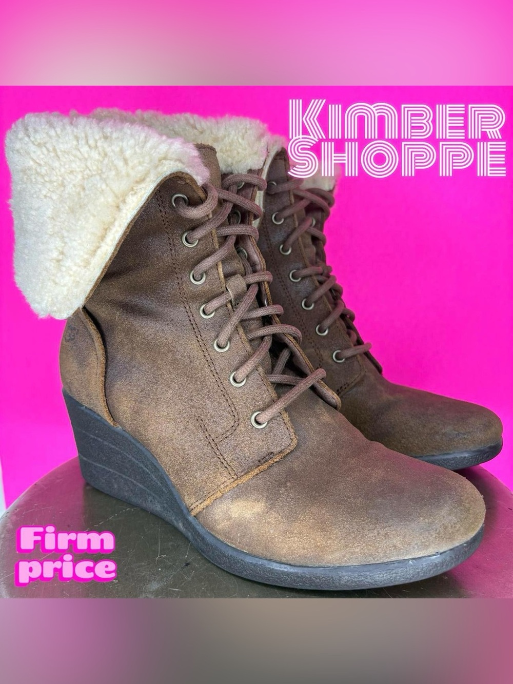 UGG Zea Brown Leather Shearling Cuff Lace-Up Wedge Heel Boot US 8 UK 6.5 EU 39